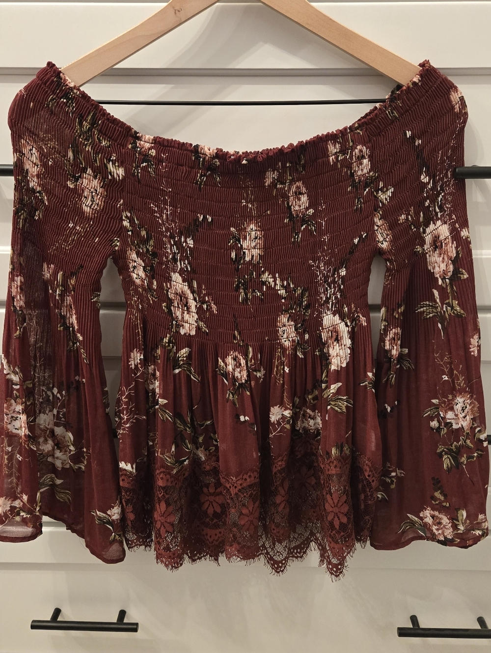 Charlotte Russe Burgundy Floral Off-Shoulder Smocked Tunic